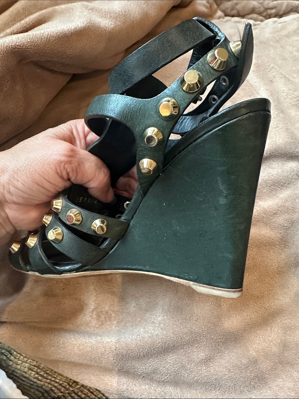 Balenciaga Olive Green Studded Wedge Sandals - Picture 5 of 12